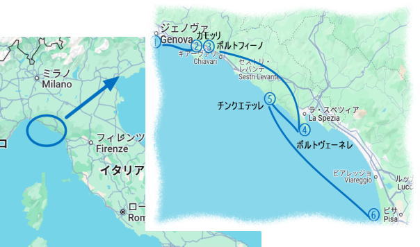 ビジネスクラスで行くチンクエテッレコースの周遊ルート